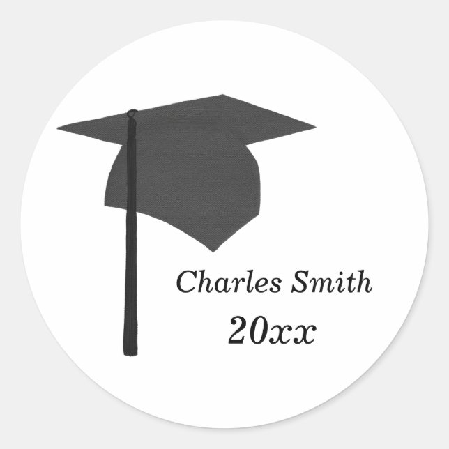 Black Graduation Cap Stickers, Personalised Classic Round Sticker (Front)