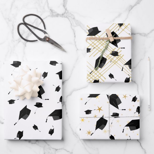 Black Graduation Cap Toss Wrapping Paper (Front)