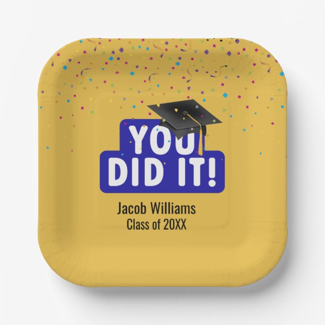 Black Graduation Cap With Confetti Paper Plate (Front)