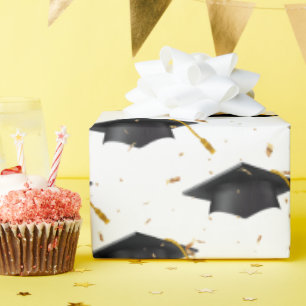 Black Graduation Caps and Gold Confetti   Wrapping Paper