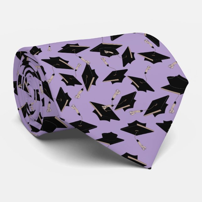 Black Graduation Caps Tossed in the Air Lavender Tie (Rolled)