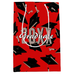 Black Graduation Caps Tossed in the Air on Red Medium Gift Bag