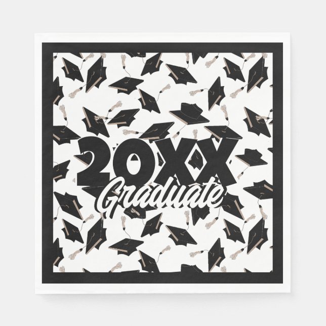 Black Graduation Caps Tossed in the Air on White Napkin (Front)