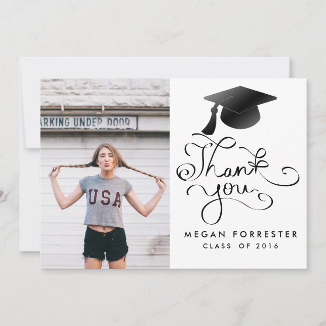 Black Graduation Hat Handwritten Thank You Photo (Front)