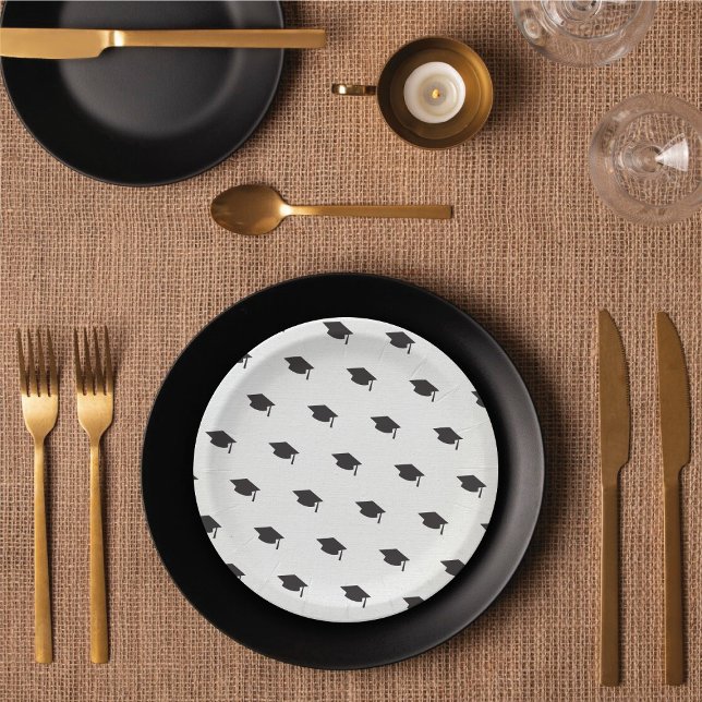 Black Graduation Hat On White Modern Grad Party Paper Plate (Black Graduation Hat/Cap On White (color is customizable) Modern Grad Party Paper Plates @ fatfatin)