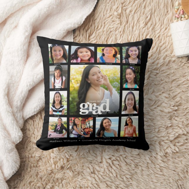 Black Graduation K–12 Bold Modern Photo Collage Cushion (Blanket)