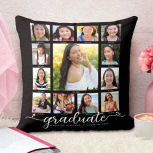 Black Graduation K–12 Modern Script Photo Collage  Cushion