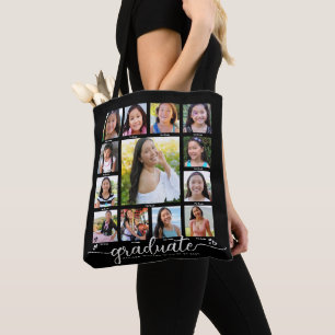 Black Graduation K–12 Modern Script Photo Collage Tote Bag