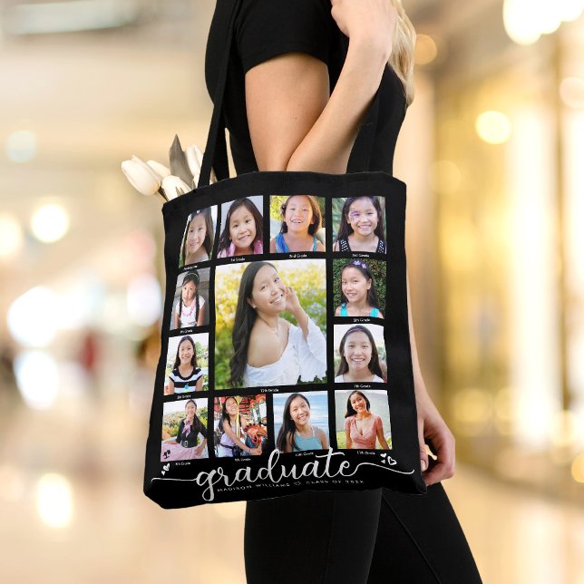 Black Graduation K–12 Modern Script Photo Collage Tote Bag (Creator Uploaded)