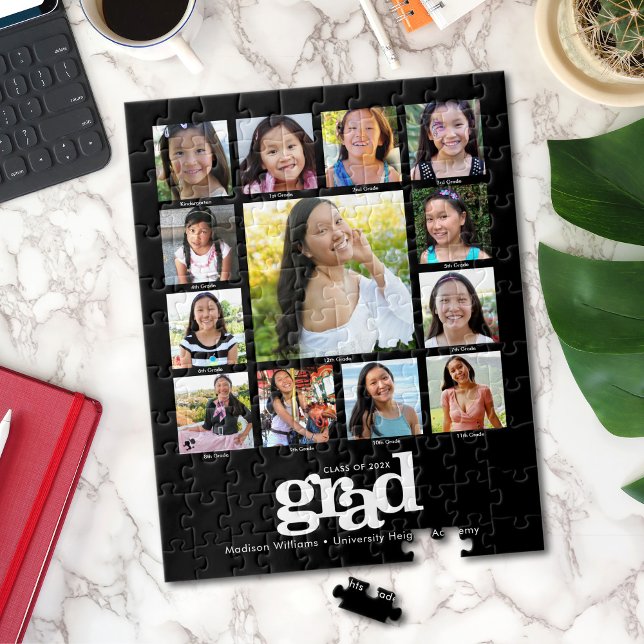 Black Graduation K–12 Photo Collage Modern Bold Jigsaw Puzzle (Creator Uploaded)