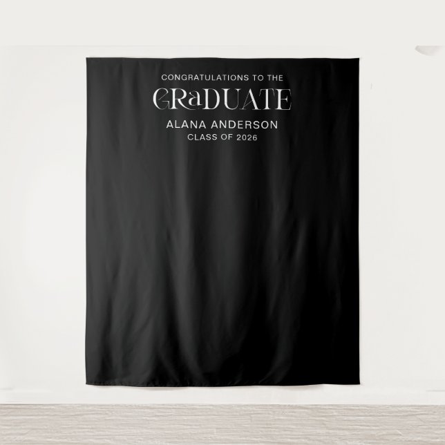Black Graduation Party Modern Backdrop with Name Tapestry (Front)