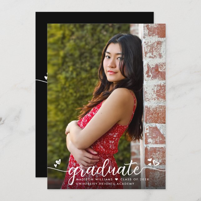 Black Graduation Photo Modern Calligraphy Hearts Announcement (Front/Back)