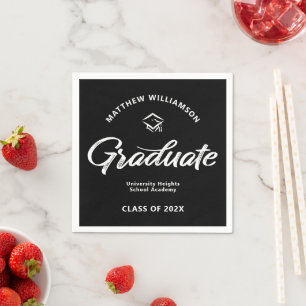 Black Graduation White Bold Retro Script Cap Icon Napkin