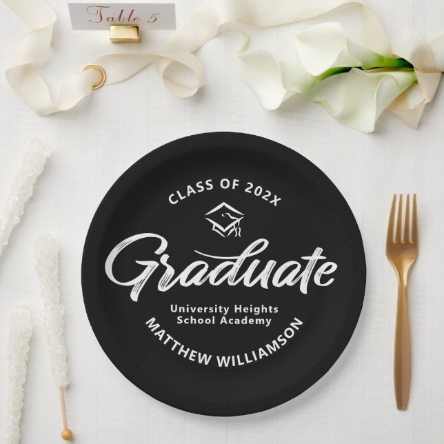 Black Graduation White Bold Retro Script Cap Icon Paper Plate (Wedding)