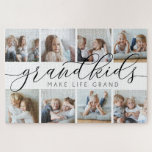 Black | Grandkids Make Life Grand Photo Collage Jigsaw Puzzle<br><div class="desc">Create a sweet gift for a beloved grandma or grandpa with this beautiful photo collage plaque. "Grandkids make life grand" appears in the centre in black and grey calligraphy script lettering. Customise with eight photos of their grandchildren.</div>