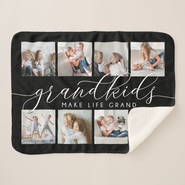Black | Grandkids Make Life Grand Photo Collage Sherpa Blanket (Front (Horizontal))