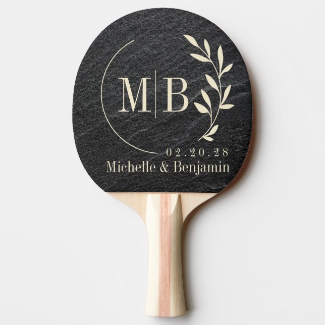 Black Granite Stone Leaf Wedding Monogram Ping Pong Paddle (Back)