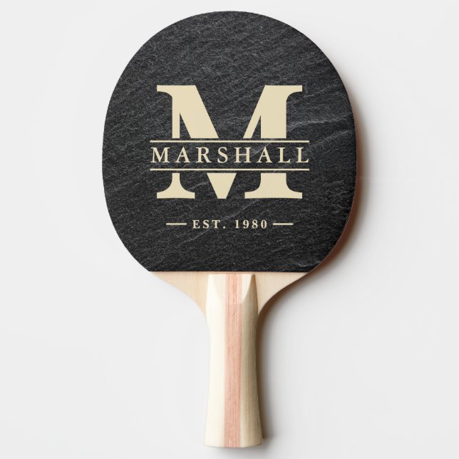 Black Granite Stone Monogram & Name Overlay Ping Pong Paddle (Back)