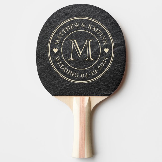 Black Granite Stone Wedding Monogram Heart Ping Pong Paddle (Front)