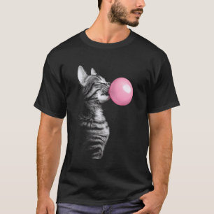 Black Graphic Cat Blowing Chewing Bubble Gum Pink T-Shirt