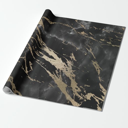Image of Black Graphite Deluxe Gold Marble Shiny Glam Wrapping Paper
