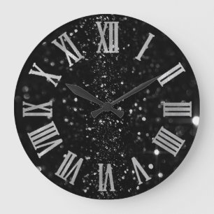 Black Graphite Glitter Gray Roman Numbers Large Clock