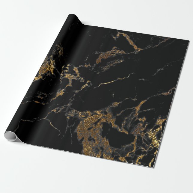 Black Graphite Gold Glam Marble Wrapping Paper (Unrolled)
