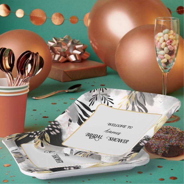 Black, Gray and Gold Leafy Shower Paper Plate (Multi)