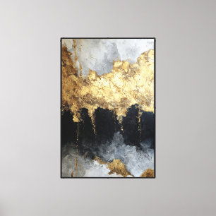 Black, Gray, and Gold Textured Band Abstract Wall Canvas Print