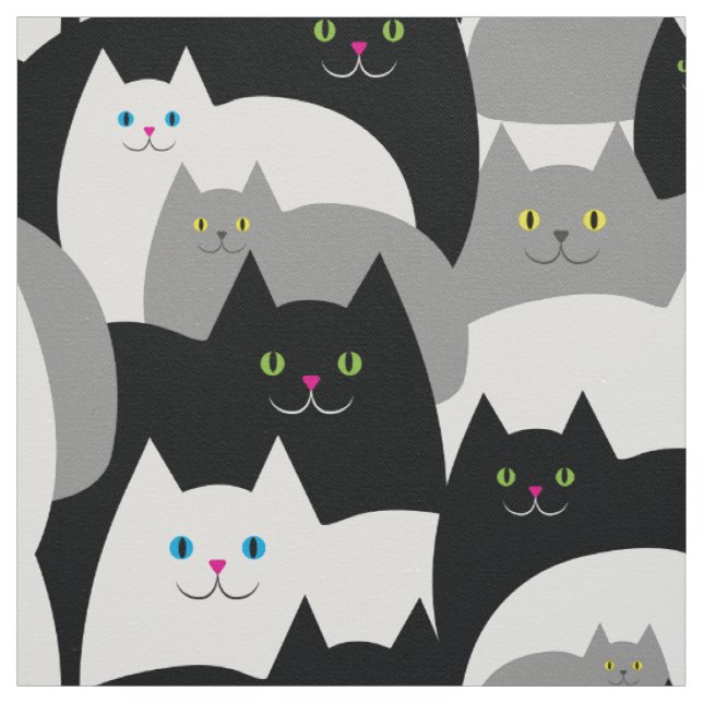 Black Gray and White Kitty Cats Smiling Fabric (Swatch)