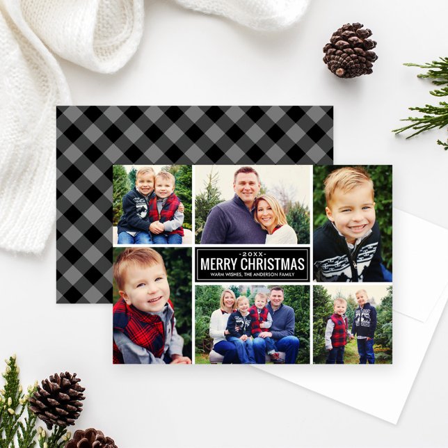 Black Gray Buffalo Check 6 Photo Merry Christmas Holiday Card (Creator Uploaded)