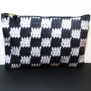 Black Gray Checkered Pattern Artisan Crochet Print Accessory Pouch