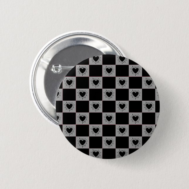 Black&Gray Checkered Tile With Hearts Pattern 6 Cm Round Badge (Front & Back)