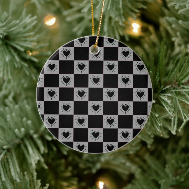 Black&Gray Checkered Tile With Hearts Pattern Ceramic Tree Decoration (Tree)