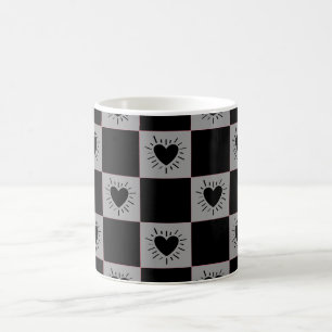Black&Gray Checkered Tile With Hearts Pattern Coffee Mug