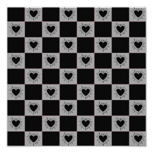 Black&Gray Checkered Tile With Hearts Pattern Photo Print