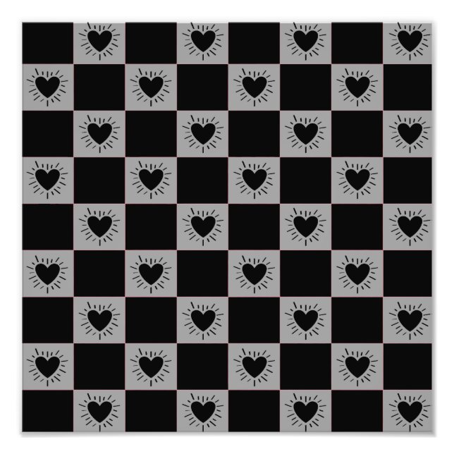 Black&Gray Checkered Tile With Hearts Pattern Photo Print (Front)