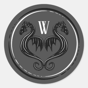 Black Gray Dragon Monogram Fantasy Wedding Classic Round Sticker