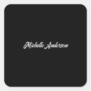 Black Gray Modern Minimalist Handwriting Name Square Sticker