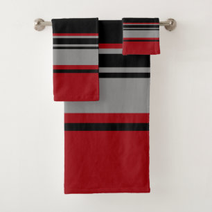 Black, Gray Red and White Stripes Bath Towel Set