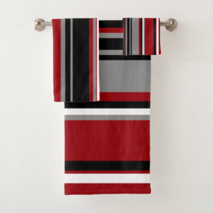Black, Gray Red and White Stripes Bath Towel Set