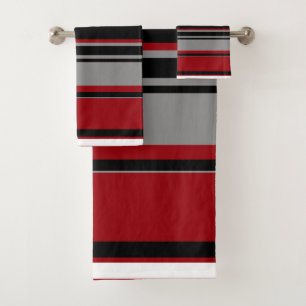Black, Gray Red and White Stripes Bath Towel Set