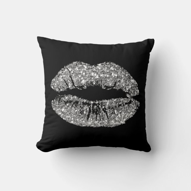 Black Gray Silver Glitter Kiss Lips Makeup Sparkly Cushion (Front)