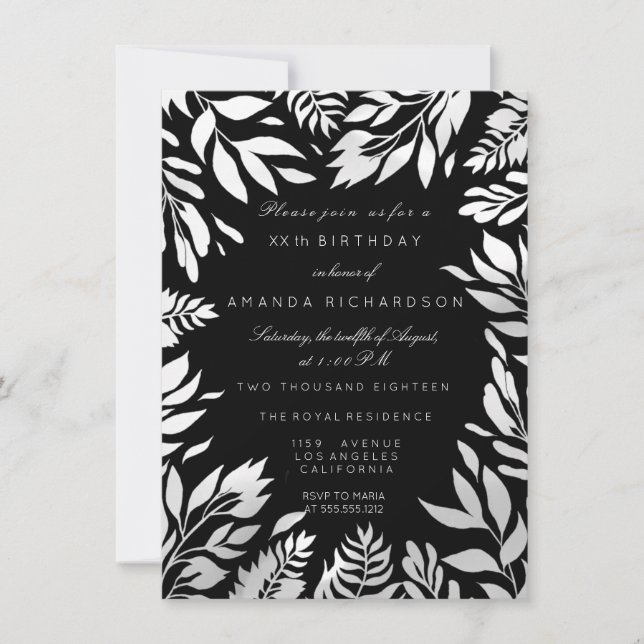 Black Gray Silver Glitter Leafs Floral Frame Lux Invitation (Front)