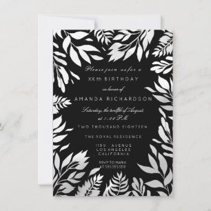 Black Gray Silver Glitter Leafs Floral Frame Lux Invitation