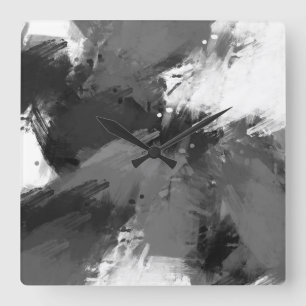 Black Gray White Abstract Modern Brushstrokes Square Wall Clock