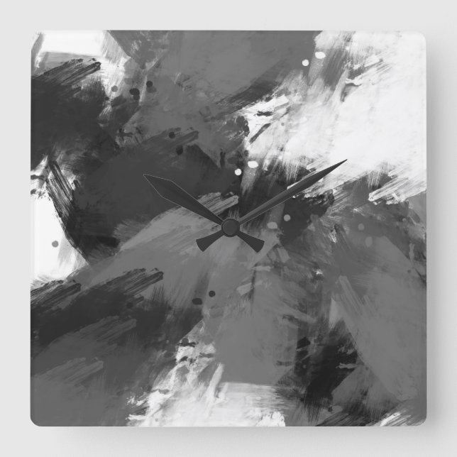 Black Gray White Abstract Modern Brushstrokes Square Wall Clock (Front)