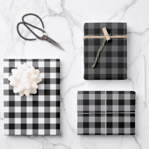 Black Gray White Buffalo Plaid Holiday Wrapping Paper Sheet