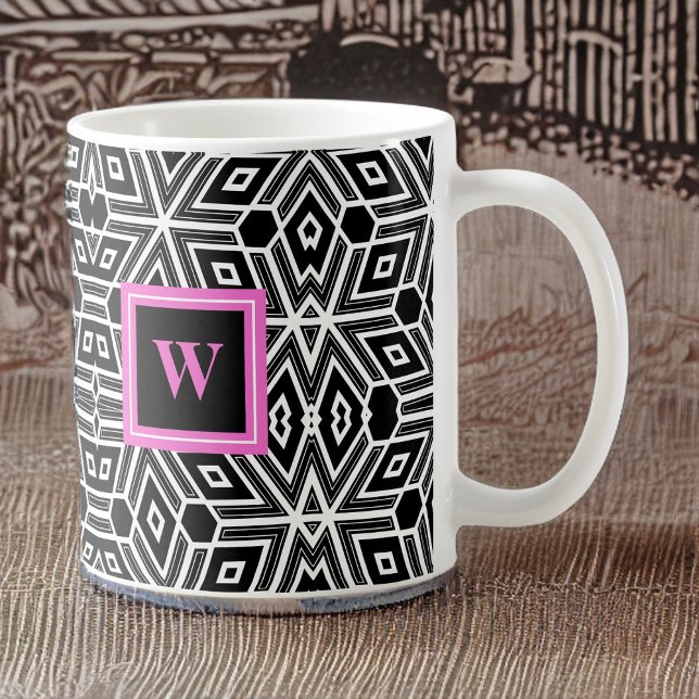 Black Gray White Cubism Neo Geo with Pink Monogram Coffee Mug (Creator Uploaded)