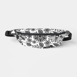 Black Gray White Retro Floral Art Seamless Pattern Bum Bags